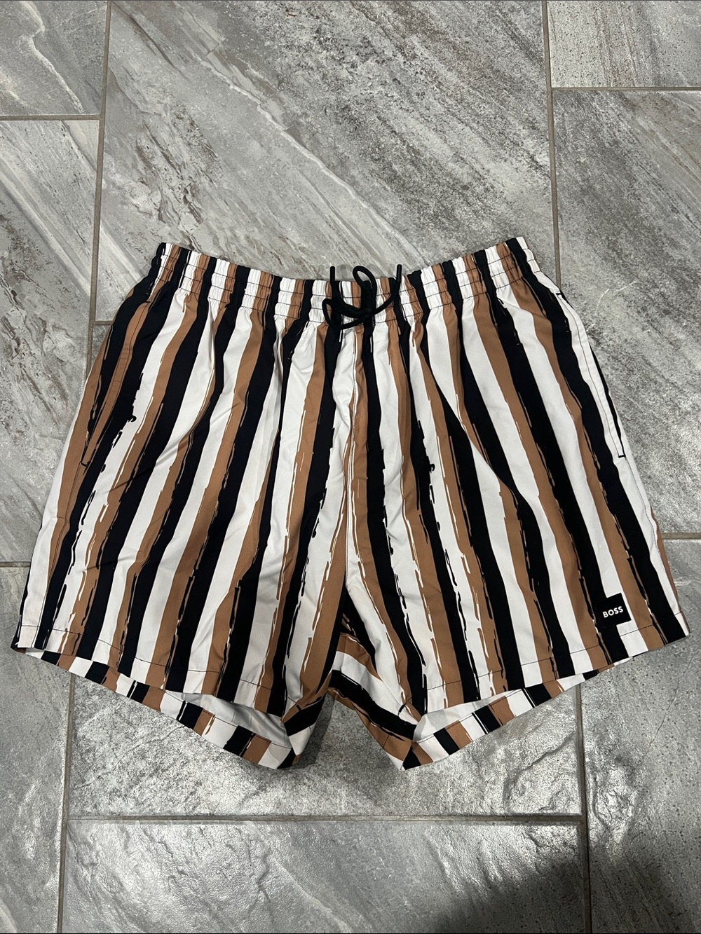 Boss Men's Striped Swim Shorts in Black, White & Brown